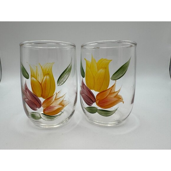 2 Bartlett Collins Gay Fad Handpainted juice glasses Tulips Red yellow 3.25" - Picture 6 of 7